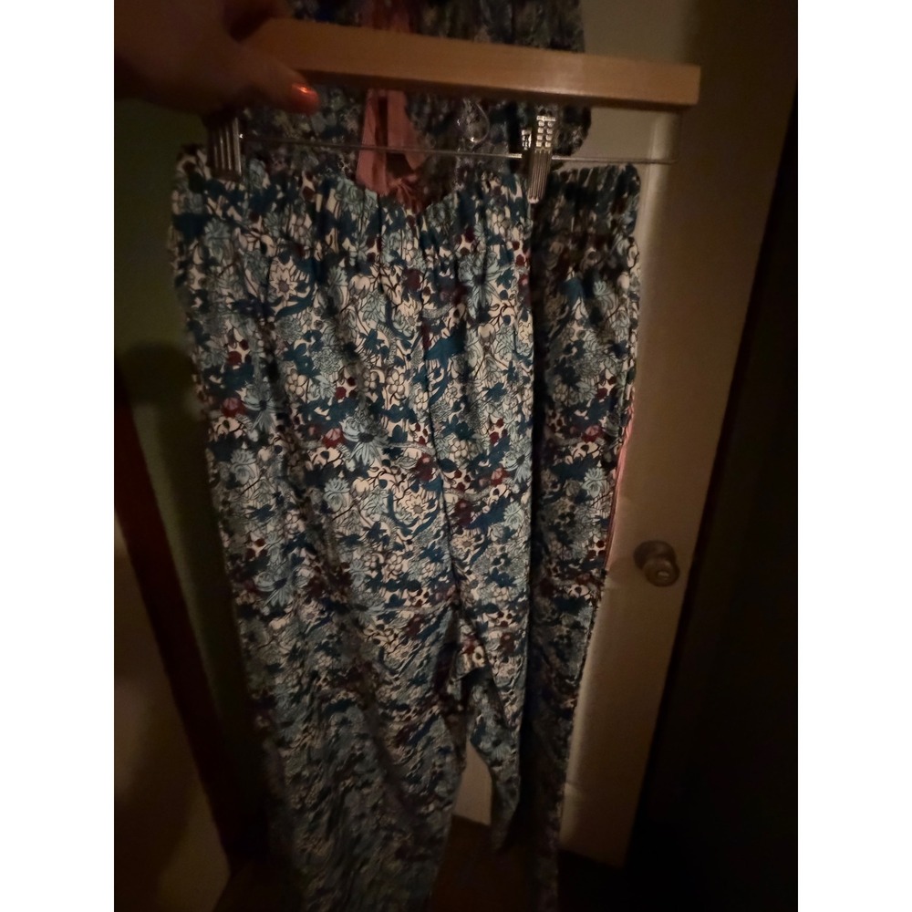 Sunday Up Womens Floral Set Blue floral w Stripe Ruffle Peter Pan Collar Large - Picture 10 of 12